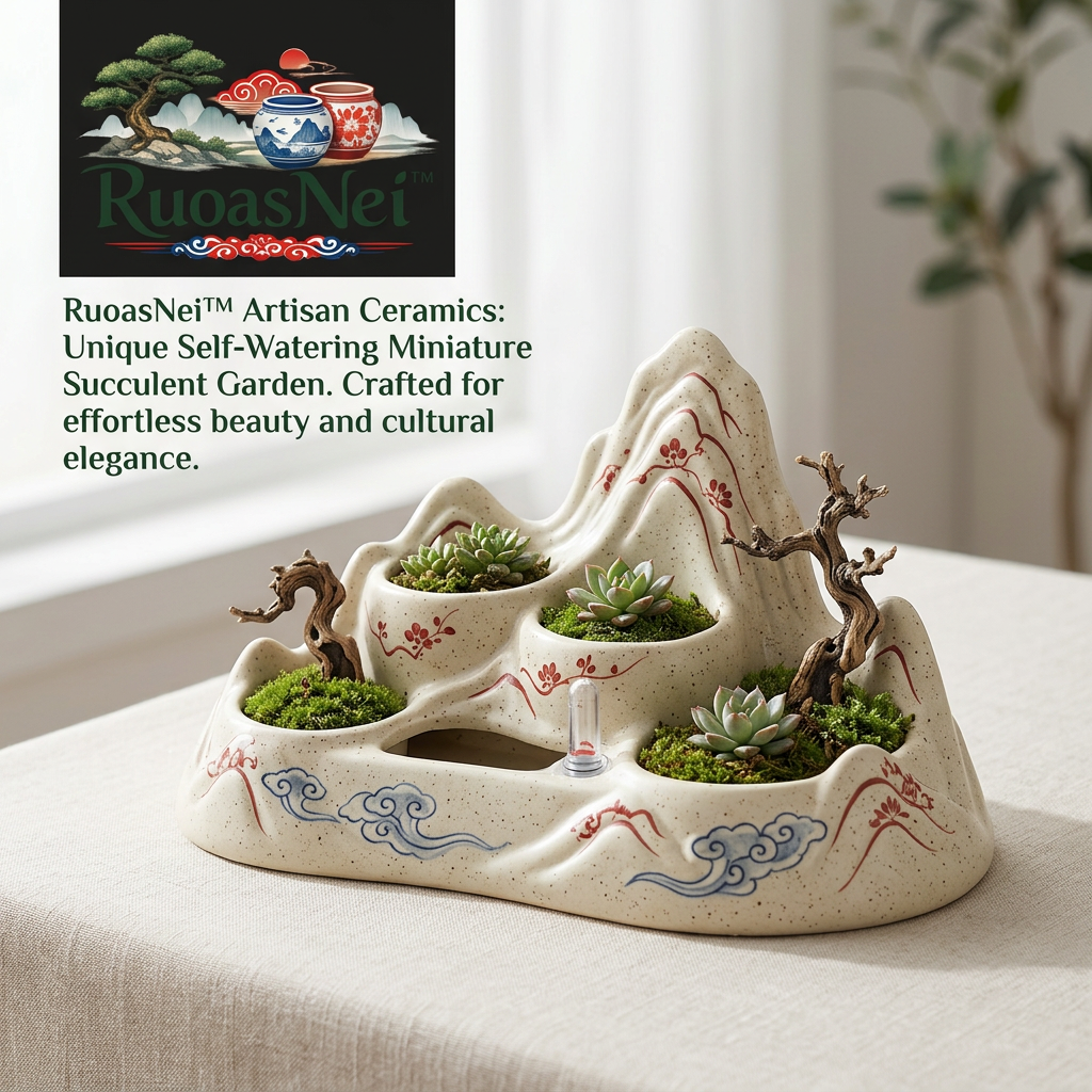 RuoasNei™ Self-Watering Ceramic Planter - Miniature Mountain Succulent Pot, Indoor Zen Garden Desktop Bonsai Planter with Water Level Indicator, Unique Hand-Painted Landscape Flower Pot for Home and Office Decor