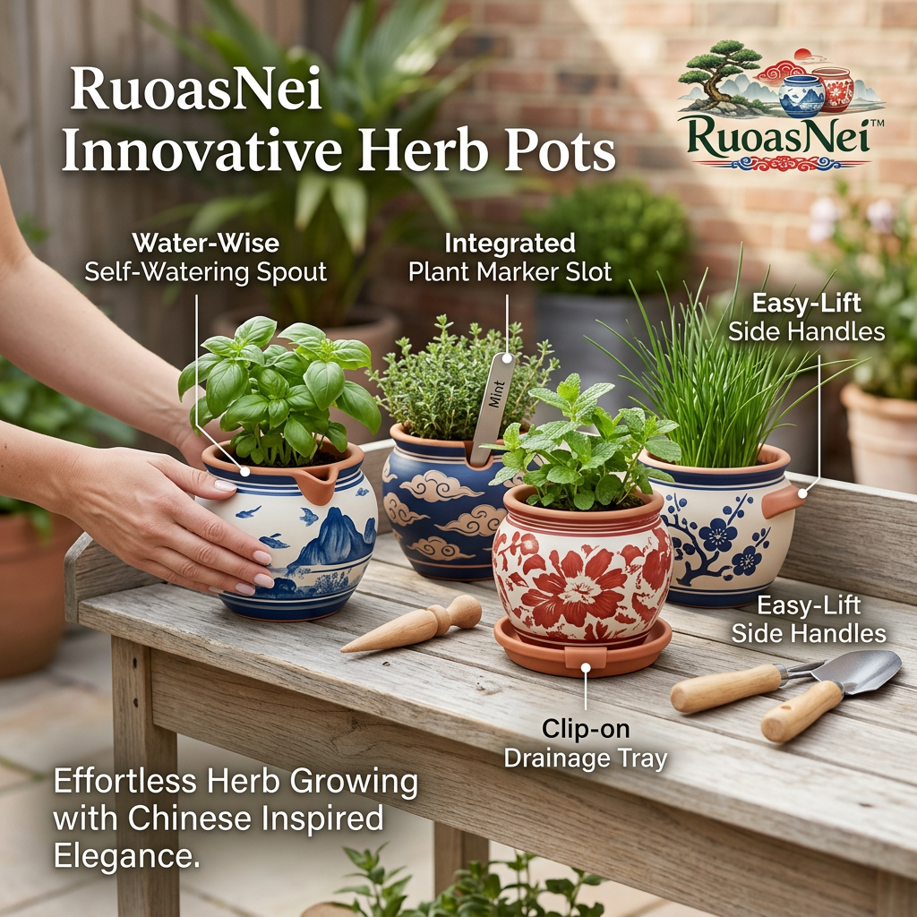 RuoasNei™ Self-Watering Ceramic Herb Pots - Chinoiserie Decorative Planter Pots with Easy-Lift Handles, Clip-on Drainage Trays, and Integrated Label Slots, Indoor Kitchen Window Herb Garden Pots for Basil, Mint, Succulents