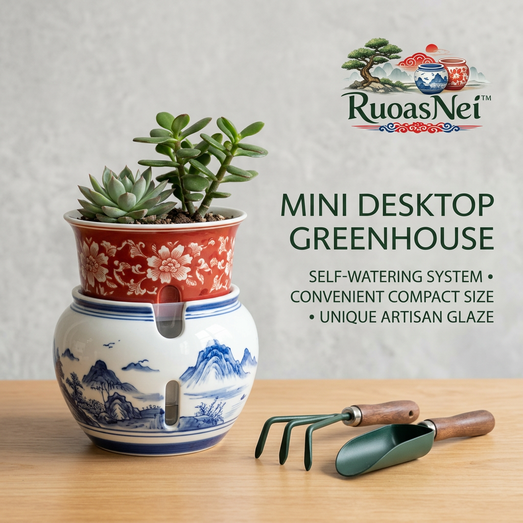 RuoasNei™ Self-Watering Ceramic Planter - 2-Tier Chinoiserie Succulent Pot with Water Level Window, Decorative Mini Desktop Flower Pot for Indoor Plants, African Violets, Herbs & Cacti