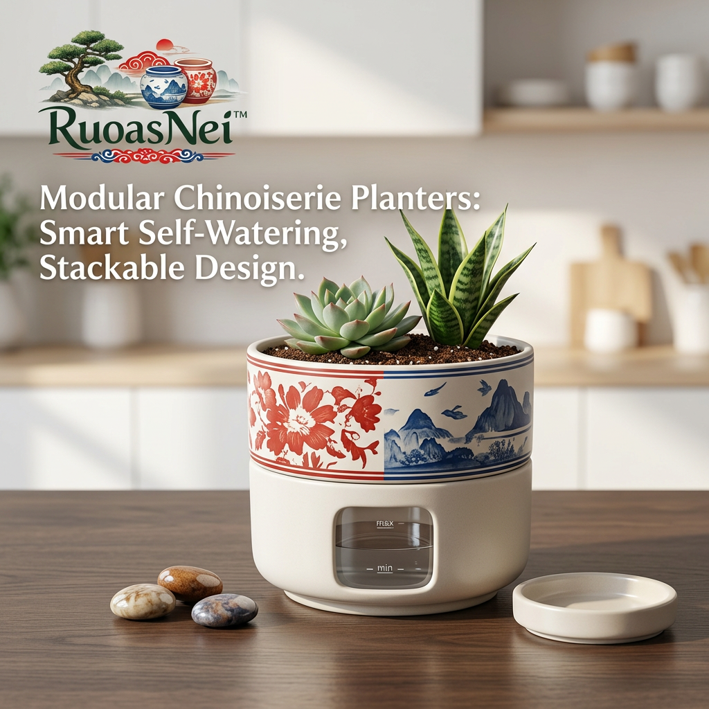 RuoasNei™ Self Watering Planter, Modular Stackable Chinoiserie Pot with Water Level Indicator, Decorative Asian Blue and White Landscape Flower Pot for Succulents, Herbs, Snake Plants, Indoor Home Decor