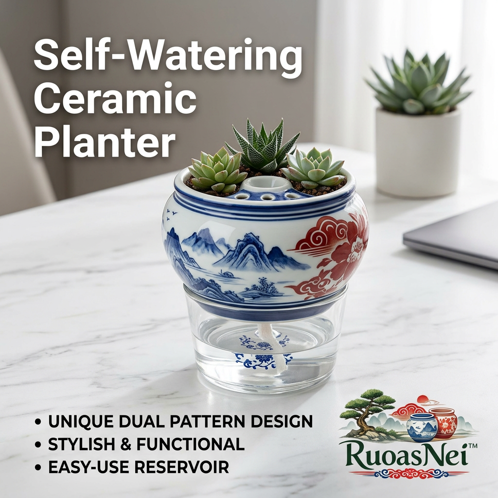 RuoasNei™ Self-Watering Ceramic Planter with Clear Glass Water Reservoir, 2-in-1 Dual Pattern Chinese Porcelain Succulent Pot, Wick Flower Pot for Indoor Plants, Herbs, African Violets, Home & Office Decor