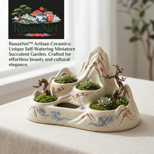 RuoasNei™ Self-Watering Ceramic Planter - Miniature Mountain Succulent Pot, Indoor Zen Garden Desktop Bonsai Planter with Water Level Indicator, Unique Hand-Painted Landscape Flower Pot for Home and Office Decor