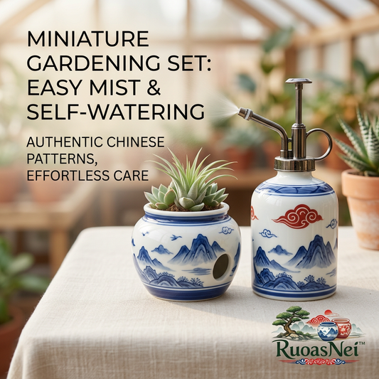 RuoasNei™ Ceramic Plant Mister and Self-Watering Planter Set | Vintage Blue and White Chinese Porcelain Spray Bottle & Decorative Succulent Pot for Indoor Plants, Air Plants, Bonsai, and Home Decor