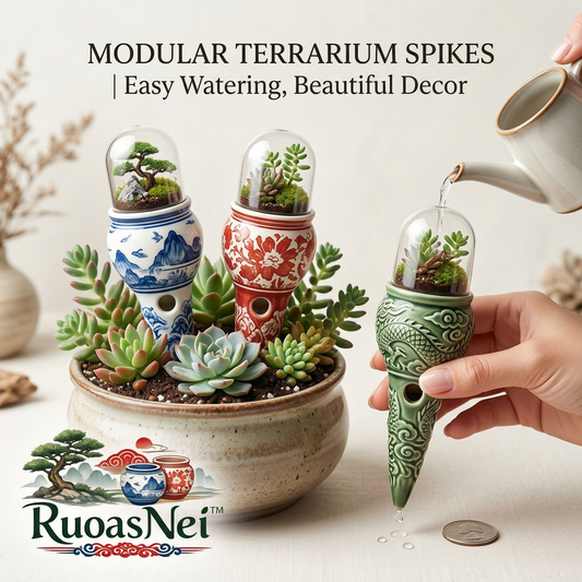 RuoasNei™ Modular Terrarium Self-Watering Spikes - 3-Pack Decorative Ceramic Plant Watering Stakes with Miniature Glass Dome Planters for Succulents, Bonsai, and Houseplants, Clay Automatic Drip Irrigation System for Indoor Outdoor Pots