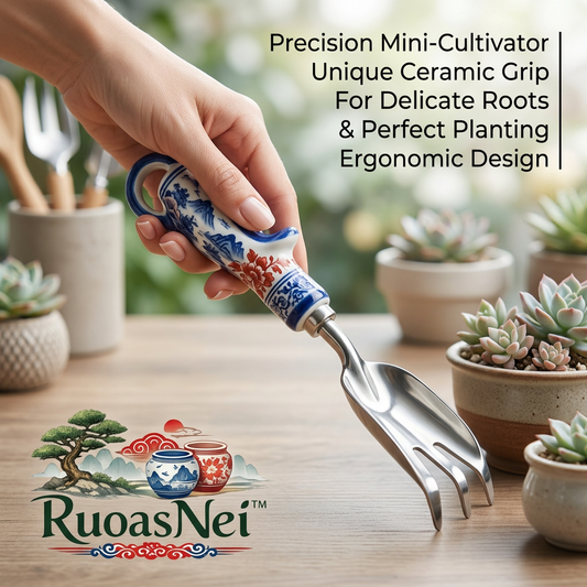 RuoasNei™ Ceramic Handle Mini-Cultivator - Premium Ergonomic Hand Rake & Trowel for Succulent Care, Bonsai Repotting, Soil Loosening & Precision Indoor Gardening