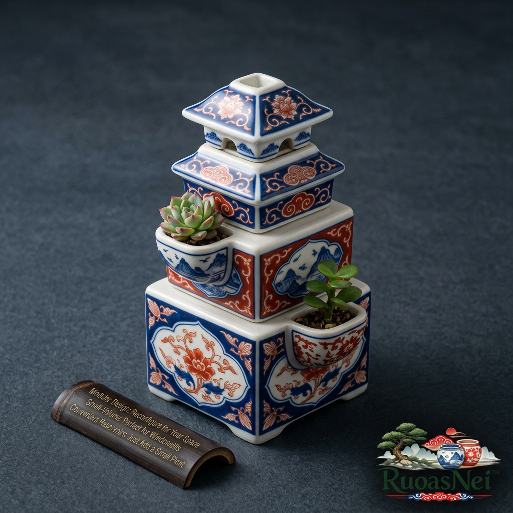 RuoasNei™ Modular Ceramic Succulent Planter | Stackable Pagoda Flower Pot | Chinoiserie Blue & Coral Porcelain Plant Pot | Indoor Miniature Desktop & Windowsill Garden Decor