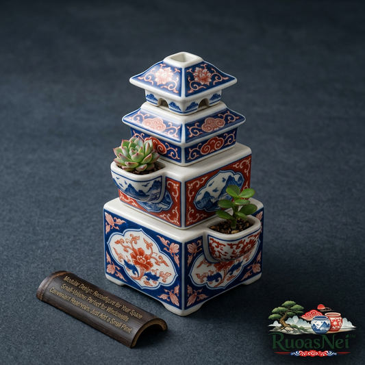 RuoasNei™ Modular Ceramic Succulent Planter | Stackable Pagoda Flower Pot | Chinoiserie Blue & Coral Porcelain Plant Pot | Indoor Miniature Desktop & Windowsill Garden Decor