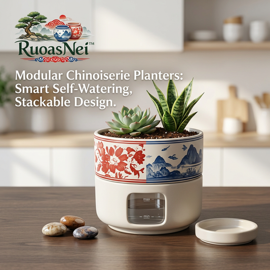 RuoasNei™ Self Watering Planter, Modular Stackable Chinoiserie Pot with Water Level Indicator, Decorative Asian Blue and White Landscape Flower Pot for Succulents, Herbs, Snake Plants, Indoor Home Decor