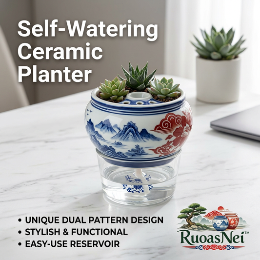 RuoasNei™ Self-Watering Ceramic Planter with Clear Glass Water Reservoir, 2-in-1 Dual Pattern Chinese Porcelain Succulent Pot, Wick Flower Pot for Indoor Plants, Herbs, African Violets, Home & Office Decor